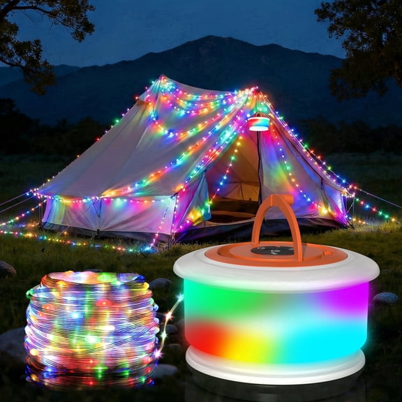 TOHETO Camping Lights, 3-in-1 Outdoor Camping String Lights with 19 Lighting Modes, 32.8FT 2200mAH Rechargeable IPX4 Waterproof Hanging Lights for Tent, Yard, Hiking & Decoration, White Orange