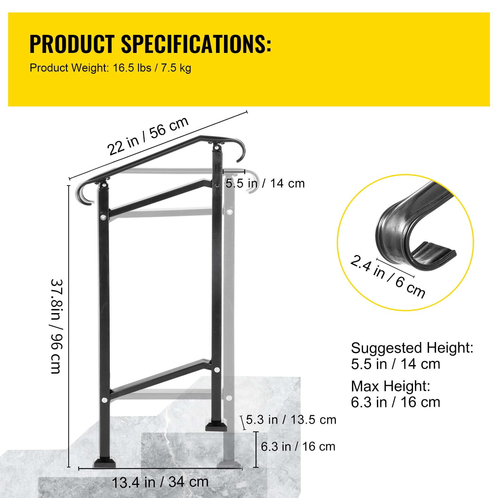 BENTISM Wrought Iron Handrail Stair Railing Fit 1 Step Adjustable Hand Rail