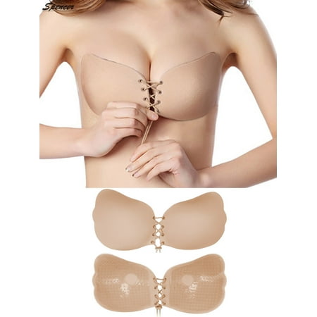 Spencer Women s Strapless Invisible Bra Backless Self Adhesive Push Up Sticky Bra With Drawstring BreathableWhite C Cup