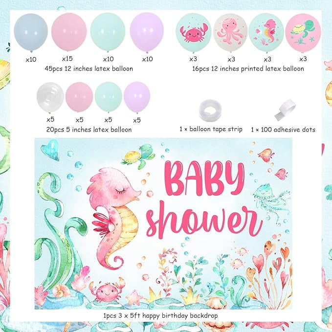 Ocean Themed Baby Shower for Girl - Under The Sea Baby Shower Decorations Balloon Garland Arch Kit, Octopus Seahorse Bubble Fish Foil Balloons with Baby Shower Backdrop for Ocean Baby Shower Party