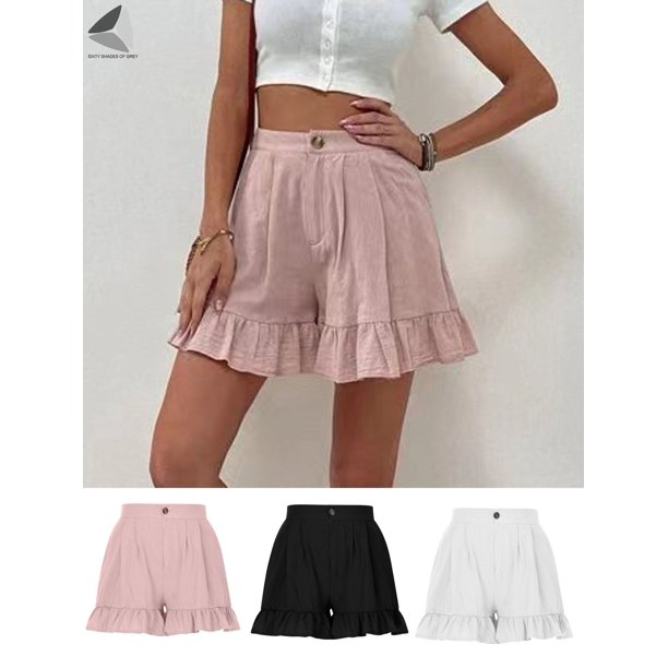 Sixtyshades Womens High Waist Shorts Baggy Ruffle Wide Leg Pleated Summer Hot Pants (XL, White