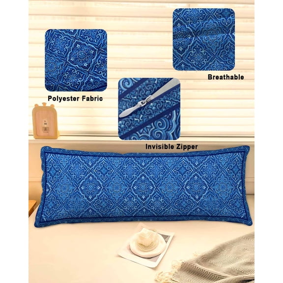 Boho Blue Throw Pillow Covers, Ethnic Vintage Abstract Tribal Floral Art Soft Breathable Pillow Cases with Invisible Zipper for Sleeping, Long Body Pillowcases for Couch Bed Sofa Chair 20x54 Inches