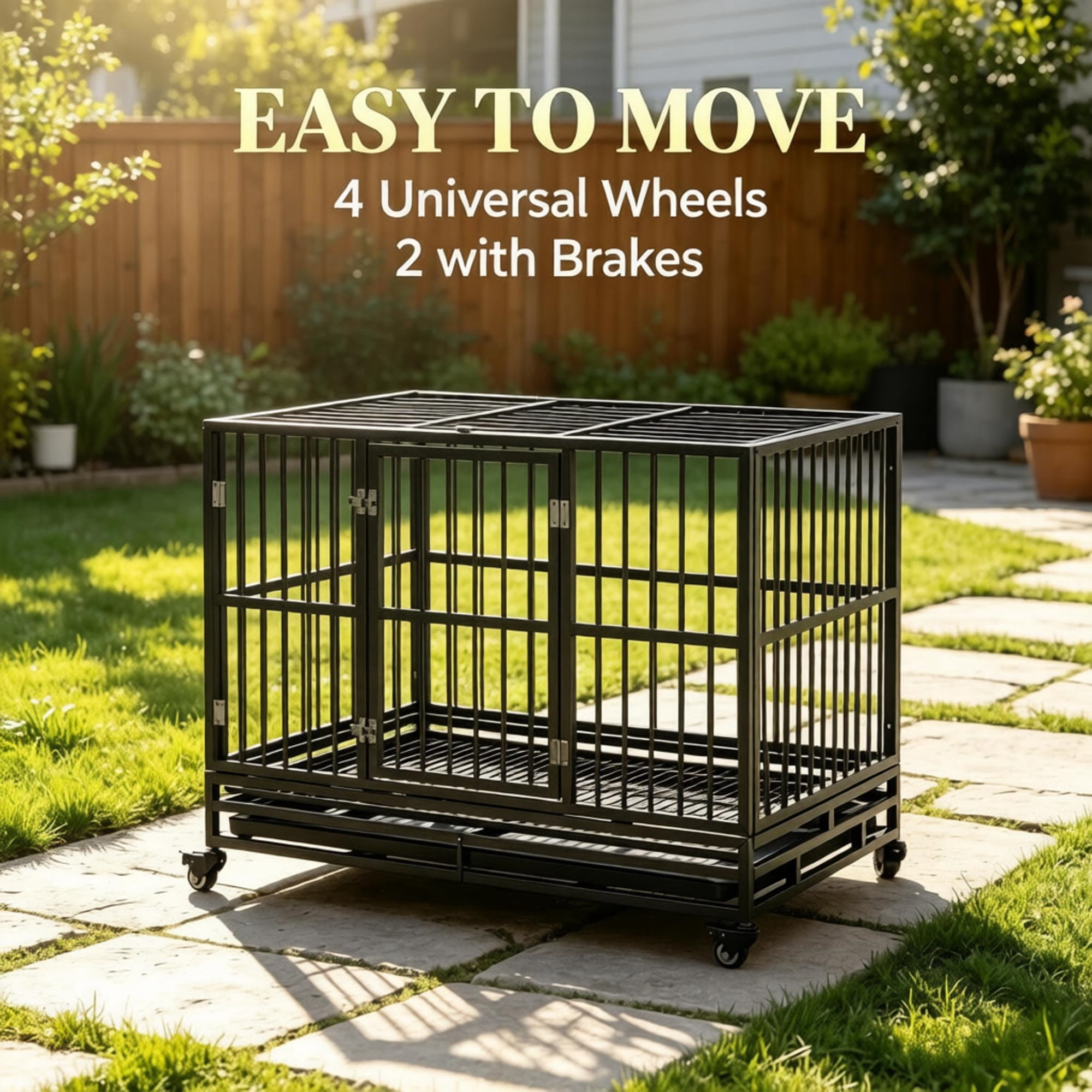 48" Heavy Duty Metal Dog Crate Kennel with Lockable Wheels Double Door Removable Tray, Gray