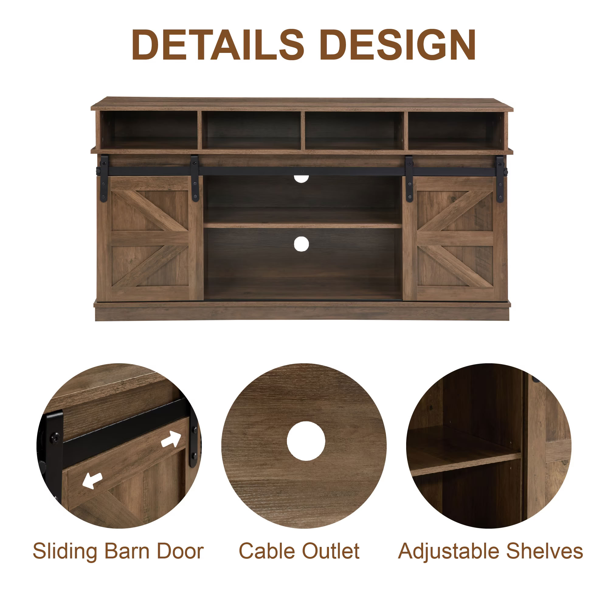 MAYEERTY Modern TV Stand with Sliding Barn Door, Farmhouse Wood Storage Cabinet with Adjustable Shelves for TVs Up to 65", Natural Brown