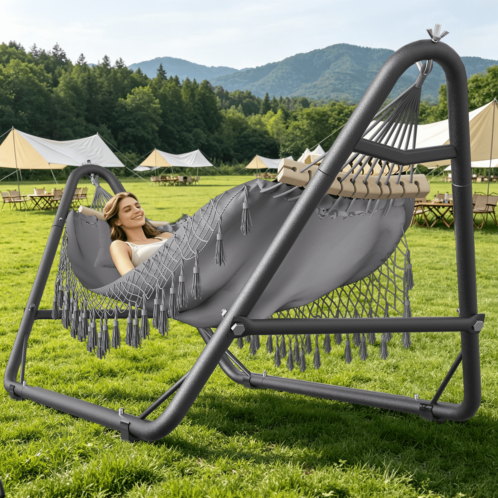 Yacona Hammock with Stand for Outside, Heavy Duty Steel Hammocks with Pillow for Backyard, Porch, Patio, Garden, Gray