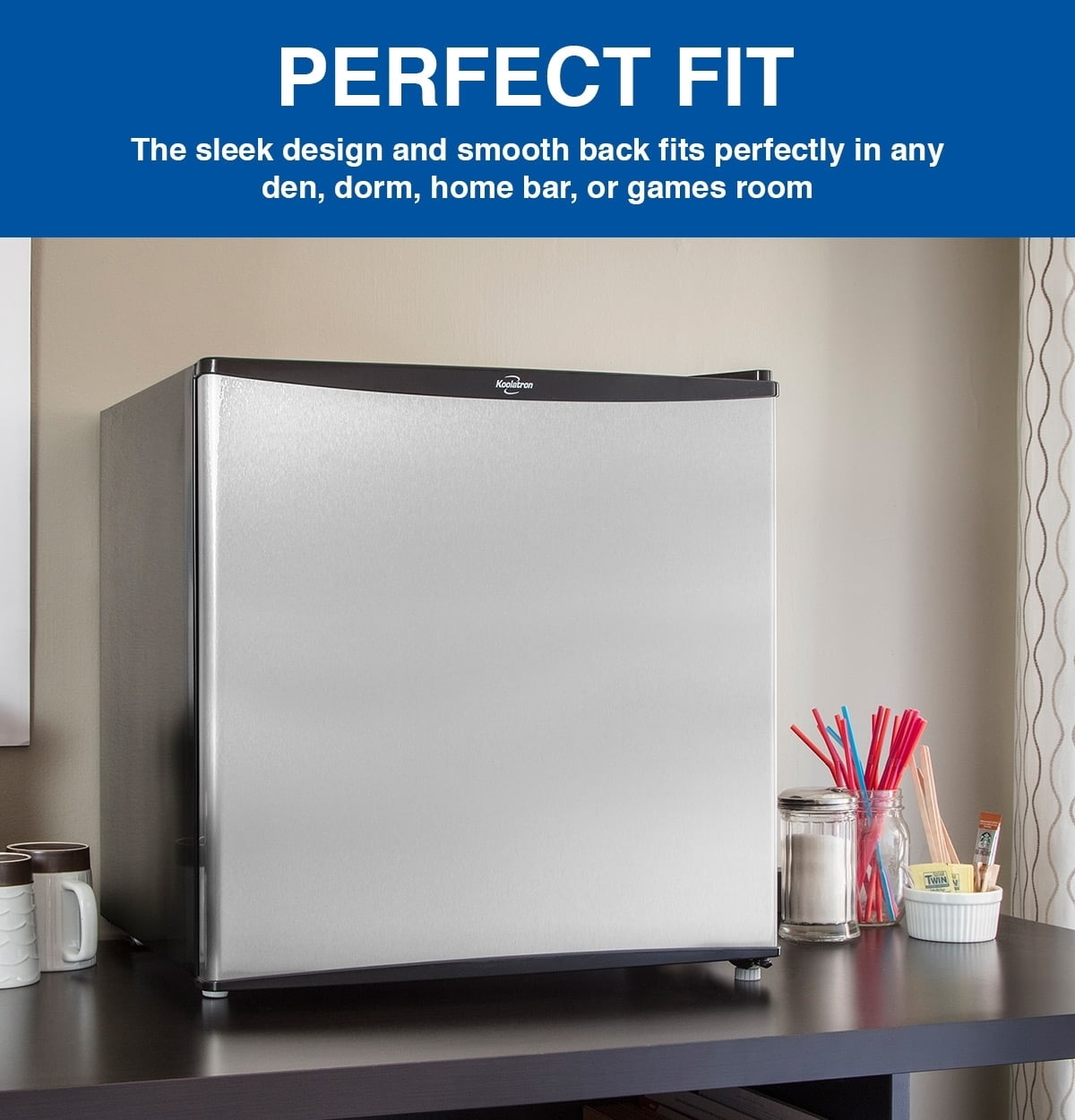 Koolatron 1.6 cu ft (44L) Stainless Steel Compact Fridge with Freezer, Flat Back, Reversible Door, Energy Efficient