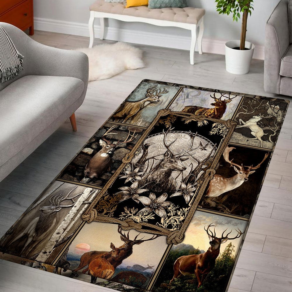 Rectangle Area Rug For Living Room, Bedroom, Vintage Deer Hunting Rug