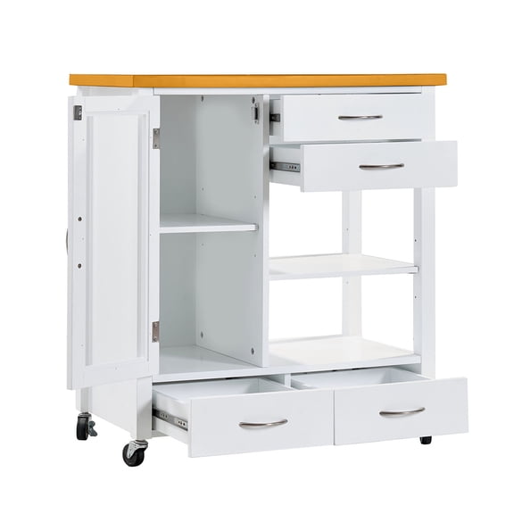 S-HOME Rolling Kitchen Island Cart with Walnut Wood Top and White Finish, 31” Wide, Modern Storage Solution
