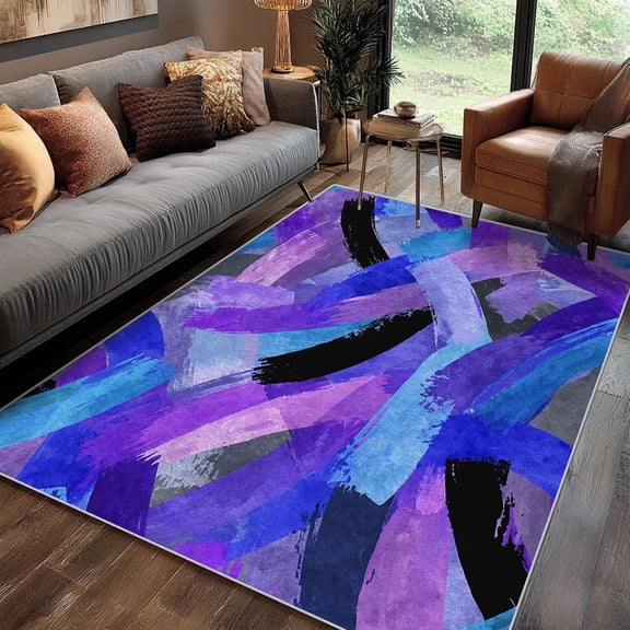 Blue Purple Artistic Abstract Area Rugs, Contemporary Carpet, Washable Non Slip Low Pile Soft Rug for Living Room Bedroom Home Decor Mat 2x3ft
