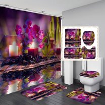 4PCS/Set Spa Zen Shower Curtain set, Black Massage Stone White Candle Japanese Art Tranquil Relaxing Spiritual Meditation Bathroom Decor, Non-slip Bath Mat, Gifts for Women, Purple Orchid & Candle