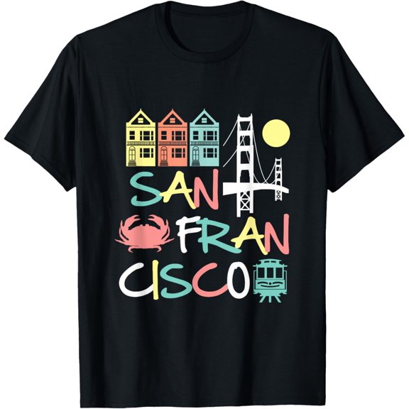 San Francisco Bridge SF Icons Vintage Graphic Dark T-Shirt men and women can wear, black, white, gifts