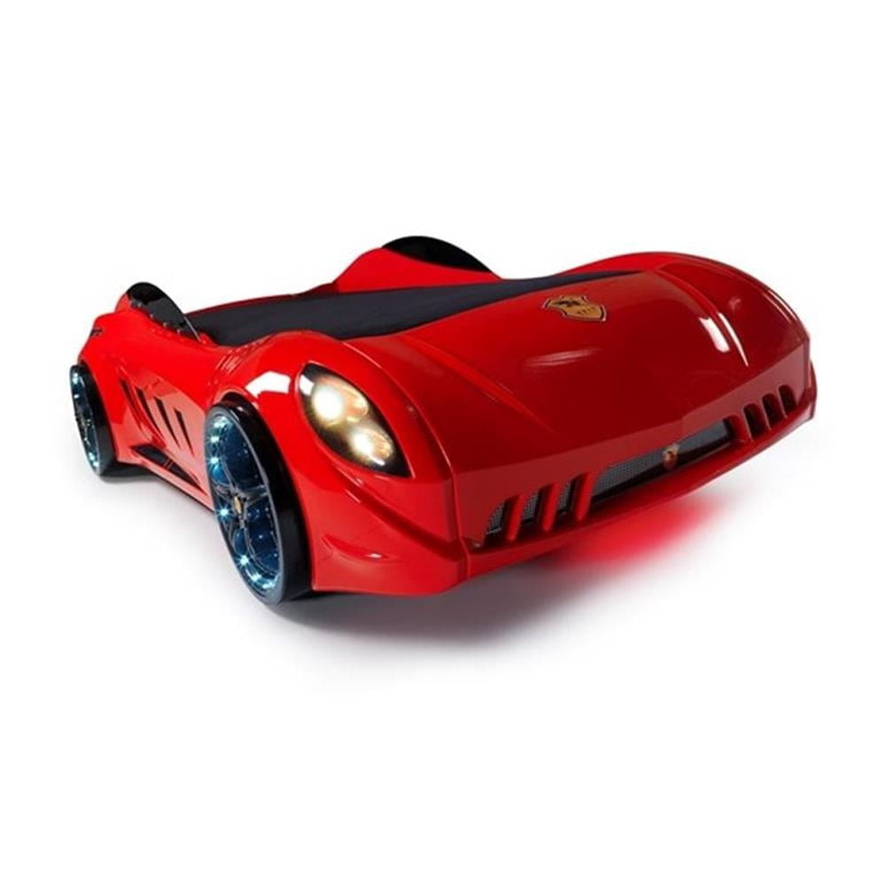 Titi Racer Modern Wood Shark Twin Race Car Bed with Remote Control in Red