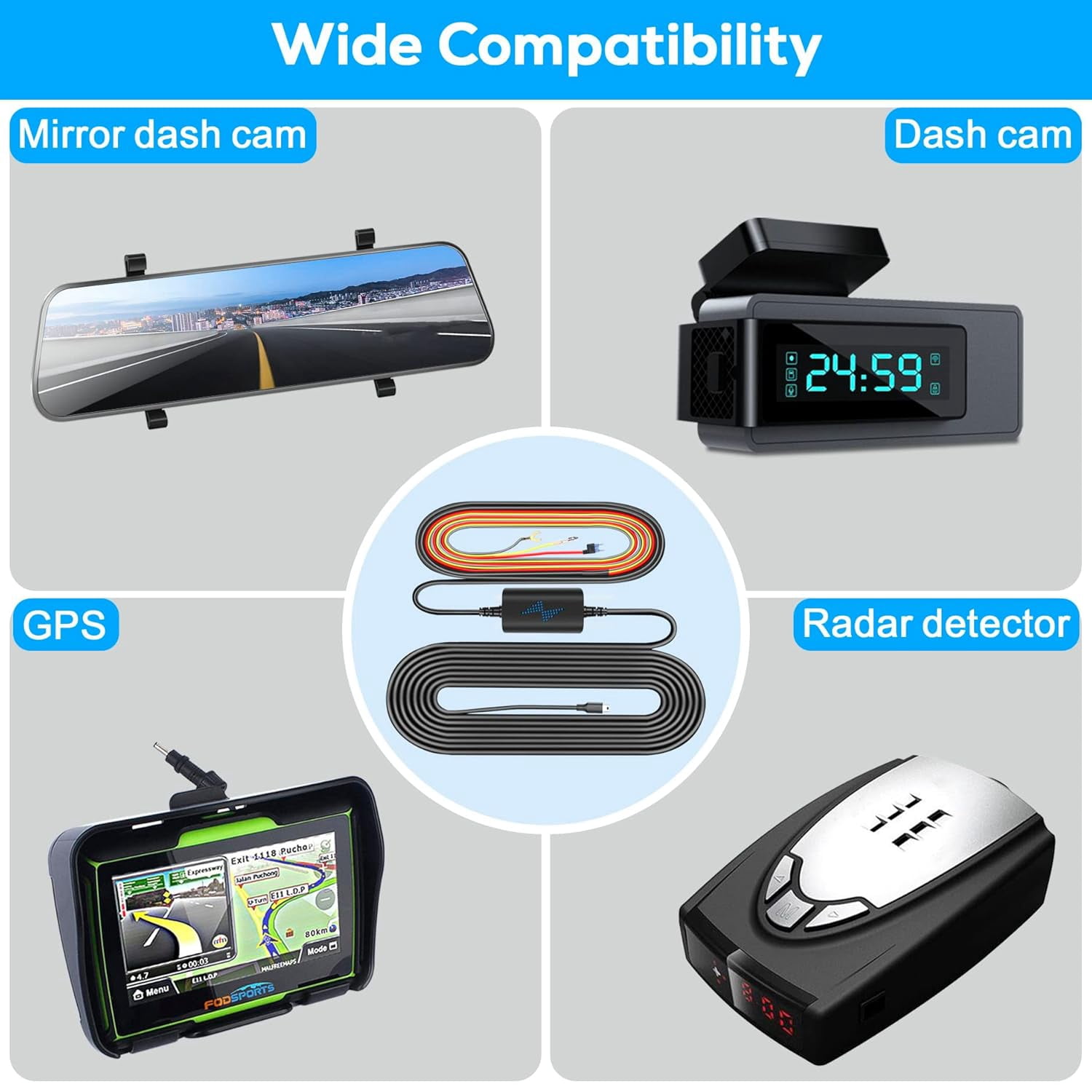 ODREY Type C Dash Cam Hardwire Kit for Font and Rear Dash Camera with Fuse Taps and Tools, Protect your Dash Cam Through Low Voltage, Suitable for ODREY Dash Cam.