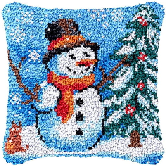 Latch Hook kits Pillow Merry Christmas Snowman Printed Canvas Cushion Crochet Yarn Needlework DIY Hook Latch Kit Embroidery Pillowcase Rug Cover Home Sofa Christmas Decoration 43x43cm(1)