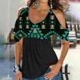 thumbnail image 2 of Usmixi Summer Tee Shirt for Women Women's Cold Shoulder Tops Empire Waist Top Western Ethnic Diamond Print Short Sleeve Shirts Casual Blouses Tunics Army Green m, 2 of 5