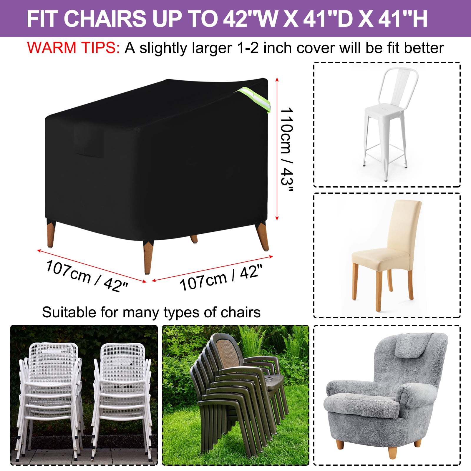 Uxcell Outdoor Chair Covers 43" W x 42" D x 42" H Large Waterproof Patio Furniture Cover Stack Chair Cover, Black 2 Pack