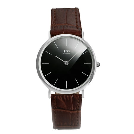 ESS Mens Quartz Watch Minimal Bauhaus Style Black Dial Brown Leather Ultra (Best Ultra Thin Watches)