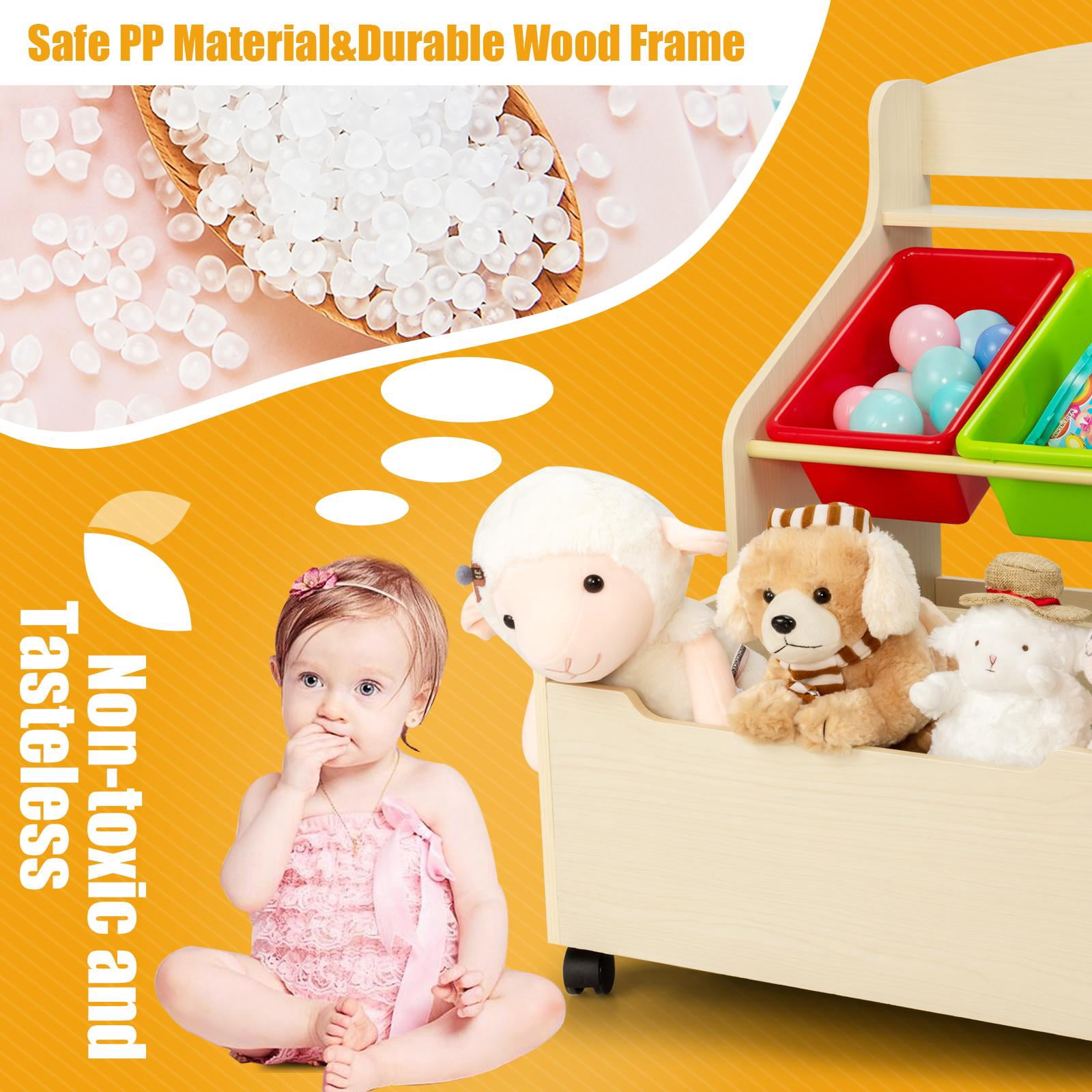 Giantex Wooden Kids Toy Storage Organizer, Toddler Furniture Storage Unit w/Wheels for Child's Bedroom Playroom, Natural