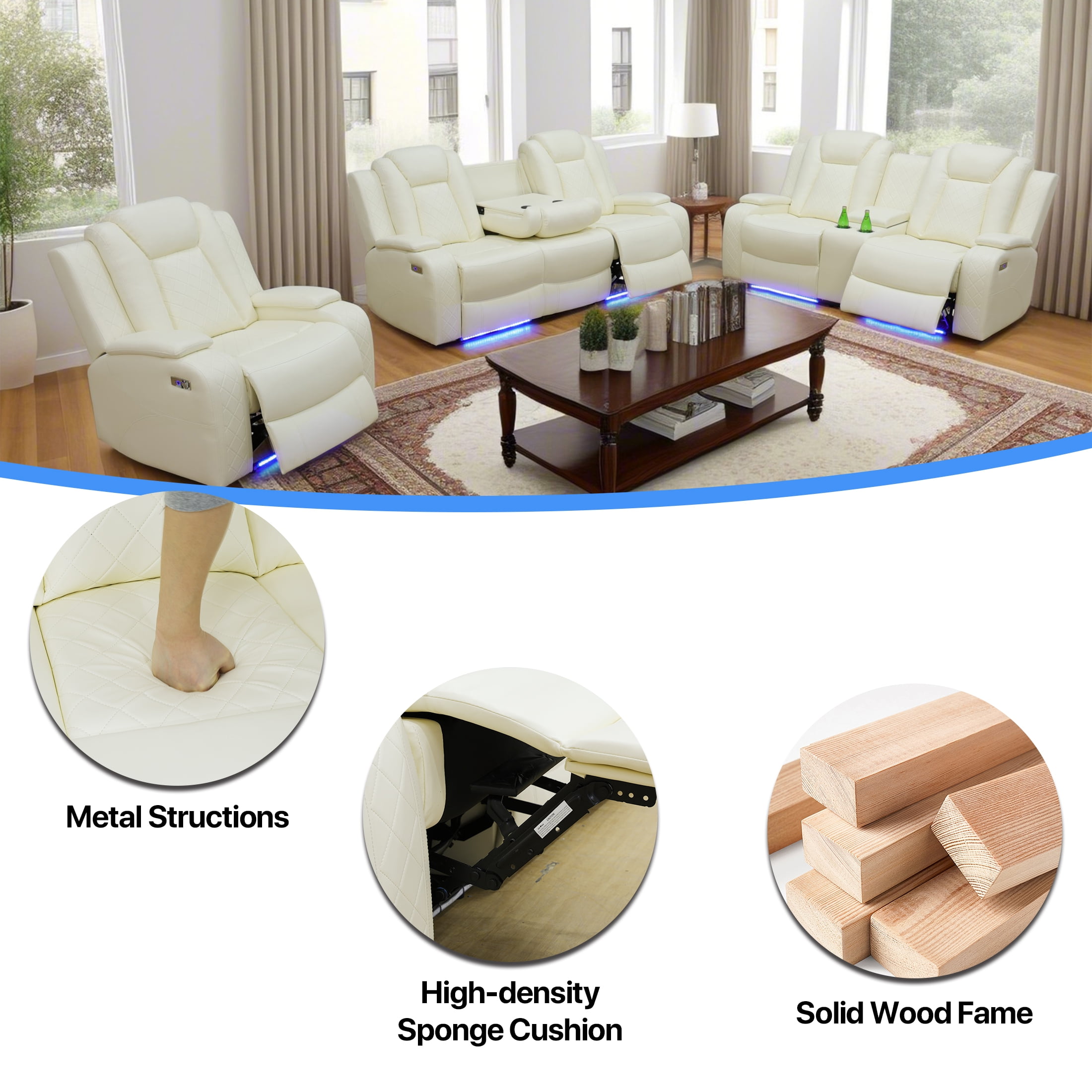 Aukfa Double Power Reclining Sofa, Leather Loveseat with Cupholder, USB and Storage for Living Room,Beige