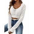 thumbnail image 2 of Women Crochet Hollow Out Cropped Tops Long Sleeve V Neck Knit Sweater Beach Cover Up White XL, 2 of 9