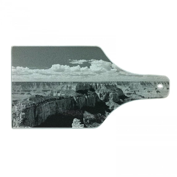 American Cutting Board, Nostalgic Photo of Finding Grand Canyon Peaks in National Park Cloud Print, Decorative Tempered Glass Cutting and Serving Board, Wine Bottle Shape, Grey, by Ambesonne