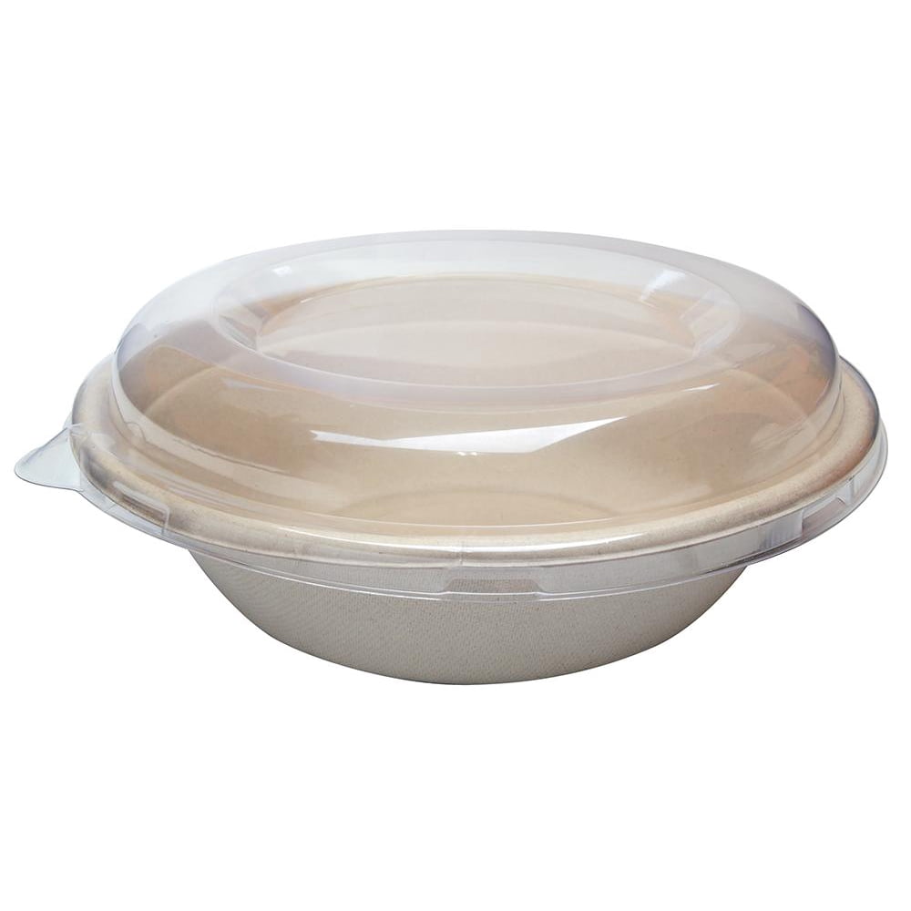 (500 Sets) 32 oz Round Disposable Bowls with Lids Natural Sugarcane