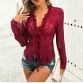 thumbnail image 7 of OSOLU Solid Color Mesh Long Sleeve Lace Tops For Women Sexy Tie Up Front Floral Embroidery Sheer See Through Shirts Lovely Dailywear, 7 of 7