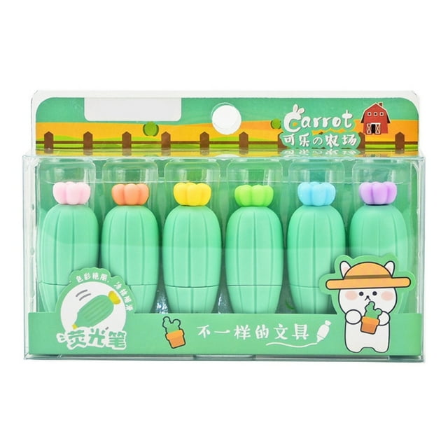 Techinal 6 Pcs Portable Cartoon Carrot Fluorescent Pen Cartoon Fruit Fluorescent Maker Pen 3mm Oblique Tip Paint Pens Kit for Kid