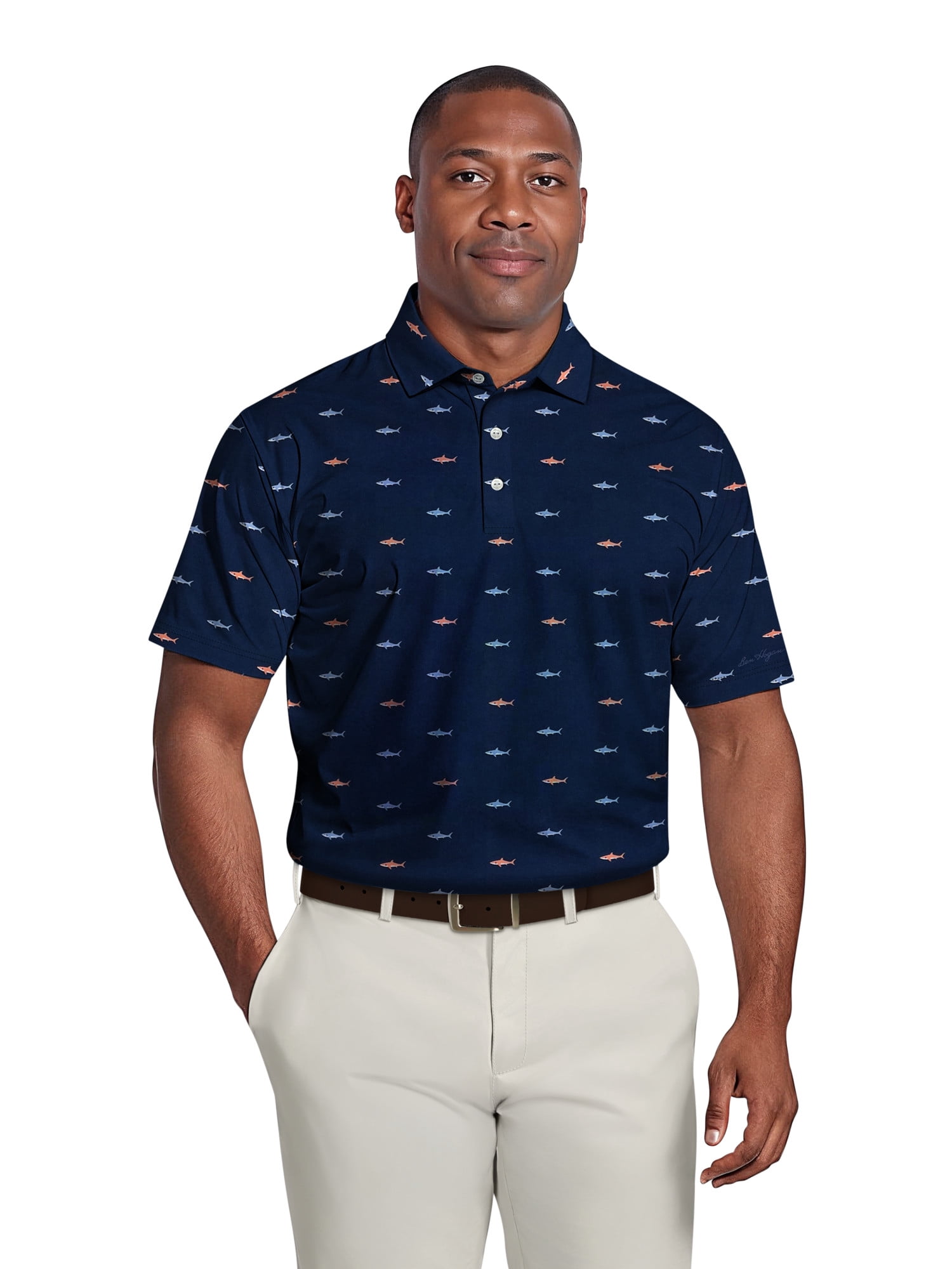 Ben Hogan Men's & Big Men's Performance Shark Print Golf Short Sleeve Polo Shirt, up to 5XL