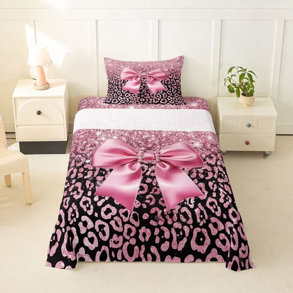 Erosebridal Kawaii Ribbon Bow Twin Sheet Sets 3pcs For Girls,Leopard Print Glitter Print Bedding For Teens