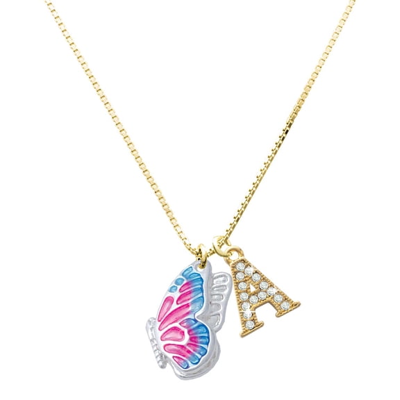 Delight Jewelry Silver-tone Large Translucent Hot Pink & Blue Flying Butterfly - Large Goldtone Crystal Initial - A - Charm Necklace, 17.5" 2"