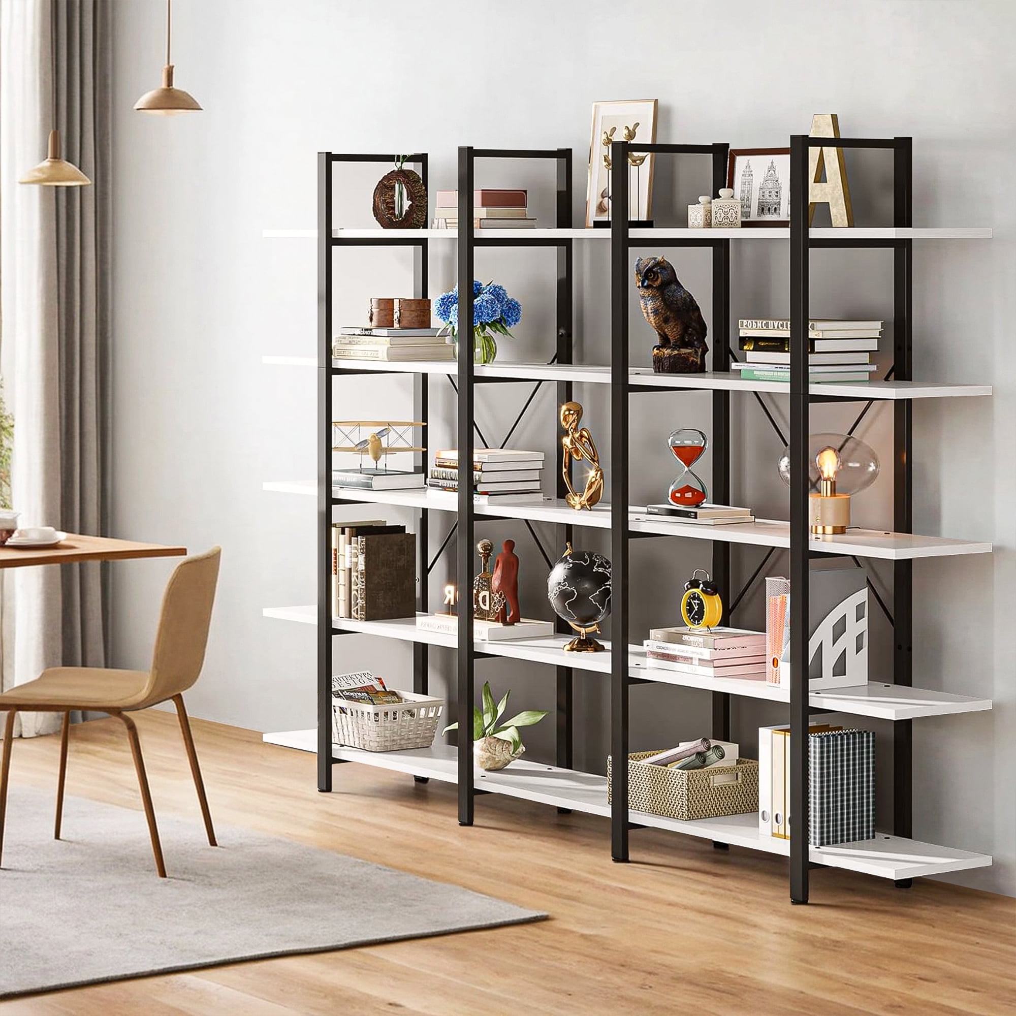 Demi Bonn 5 Tier Bookshelf, Bookshelves, Open Etagere Bookcase Shelf Storage Organizer, Free Standing Storage Shelving Unit for Bedroom, Living Room and Home Office, White & Black