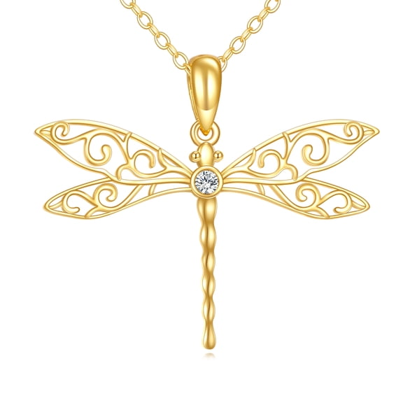 14K Solid Gold Dragonfly Necklace for Women Real Yellow Gold Filigree Insect Pendant Cute Animal Jewelry Birthday Gifts for Wife Mom