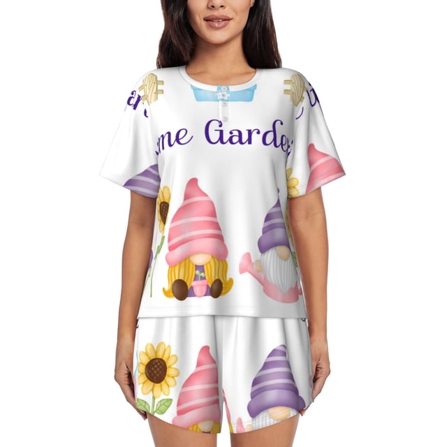 Junzan Ensemble de Pyjama à Manches Courtes Motif Jardin de Gnome Aquarelle pour Femmes, Ensemble de Pyjama d'Été à Manches Courtes et Col Rond 2 Pcs, Ensemble de Détente 2 Pcs px-TTTG