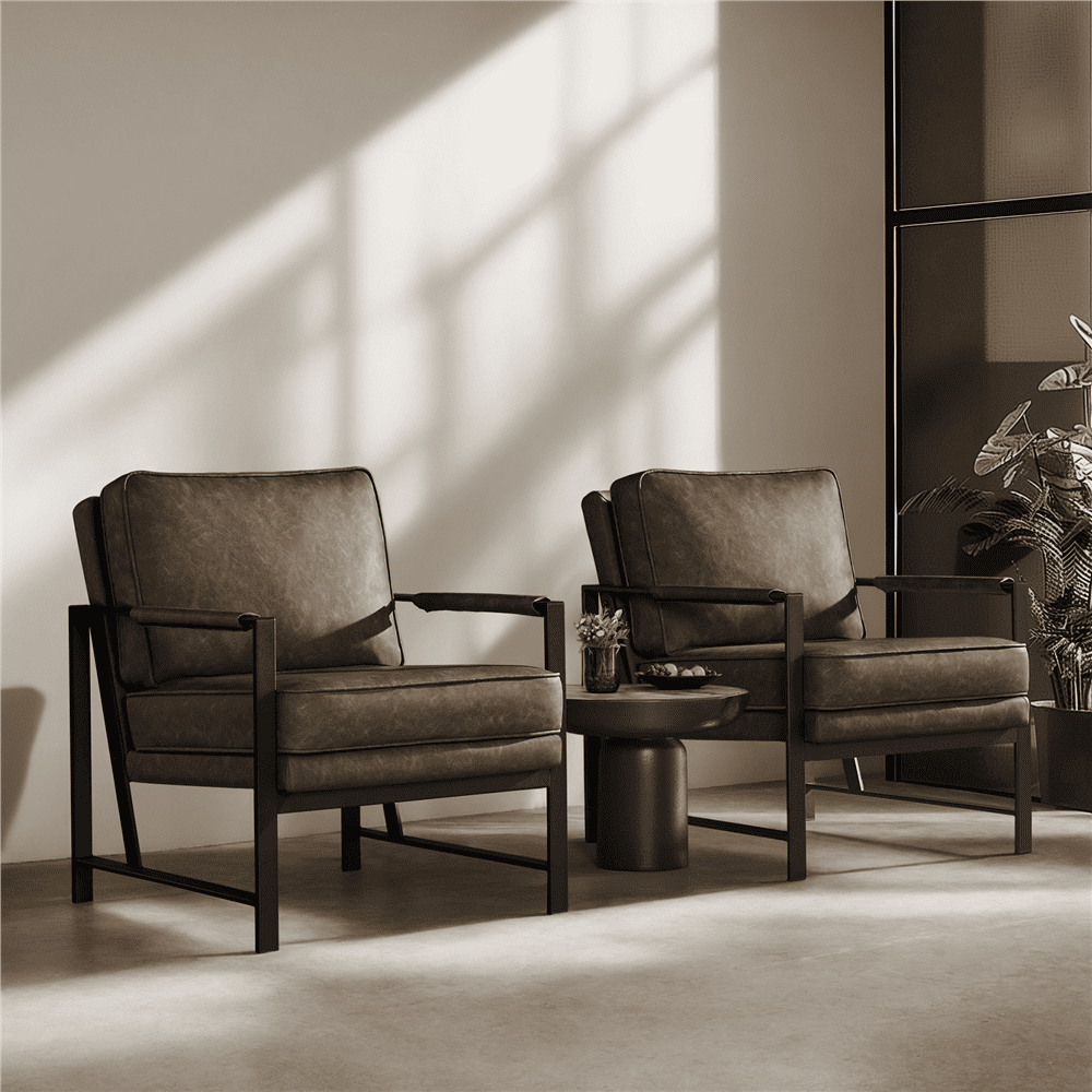 Alden Design Retro PU Leather Upholstered Lounge Chairs with Removable Seat and Back Cushion, Set of 2, Brown