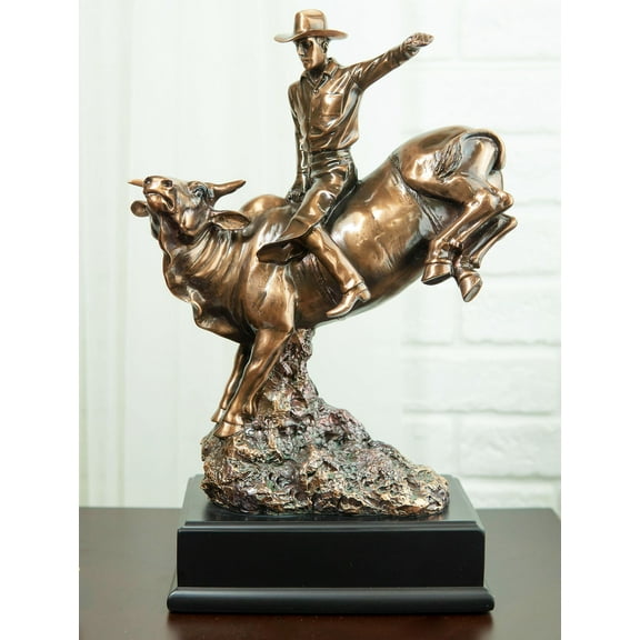 Wild Western Rodeo Cowboy With Bucking Bull Bronze Electroplated Statue