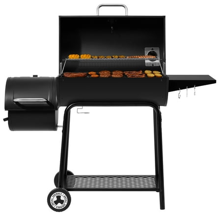 Royal Gourmet CC1830M 30-Inch Barrel Charcoal Grill with Offset Smoker, Sturdy Side Shelf with Hooks, for Outdoor Backyard, Patio and Parties, Black