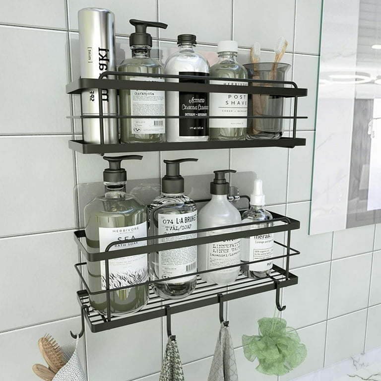 KINCMAX Shower Stall Basket Shelf Pack of 2 - Black Self Adhesive Shower  Organiser Drill Free Kitchen or Bathroom Caddy - Shower Storage for Inlet