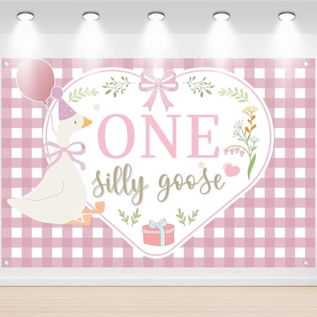7x5FT One Silly Goose Birthday Backdrop Pink Gingham Geese 1st Birthday Background Farm Animal Floral First Birthday Party Decorations Banner Supplies Photo Booth Props