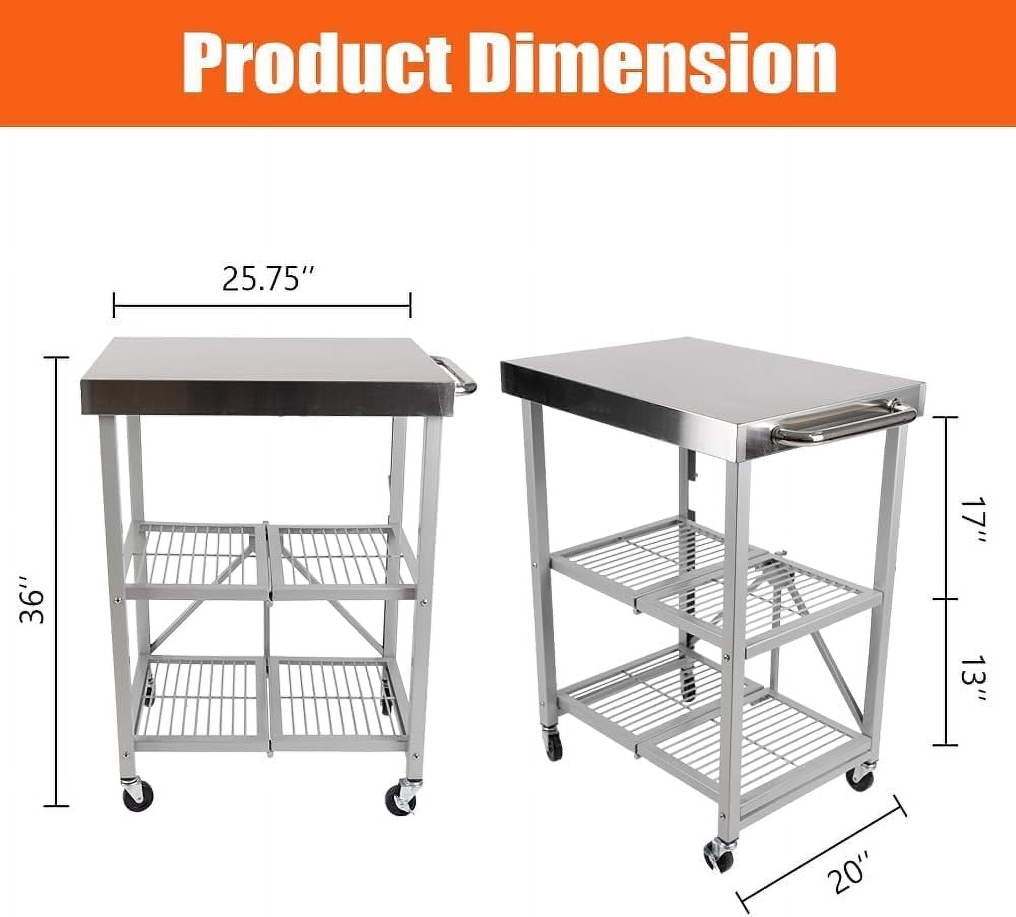Stainless Steel Utility Cart with Wheels, 3 Tier Foldable Rolling Service Cart, Top Work Table Food Prep Table Kitchen Island for Restaurant, Dining Room, Hotel