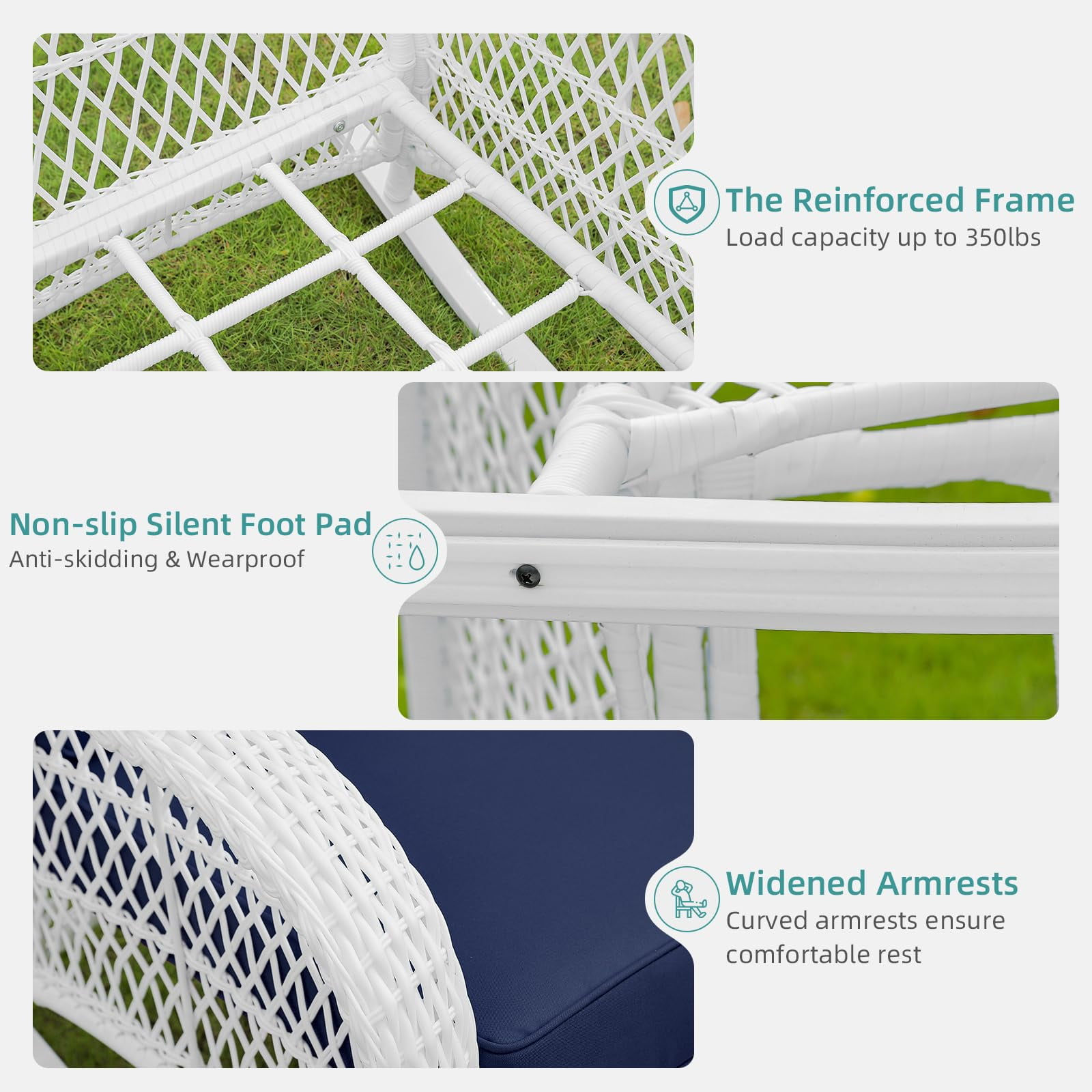 MEETWARM 3 Pieces Patio Conversation Set, Rattan Outdoor Rocking Patio Bistro Set with 2 Rockers and 1 Side Table with 4" Thick Cushions, Outdoor Furniture Set for Porch Backyard, White Wicker/Navy