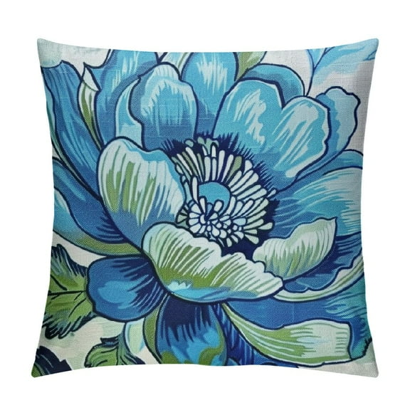 PRATYUS Navy Blue Chinoiserie Pillow Cover Teal Flower Outdoor Throw Pillow Covers Floral FarmhousePillowscase SquareCushionCovers for Sofa Couch Bedroom Living Room Decoration 12x12in