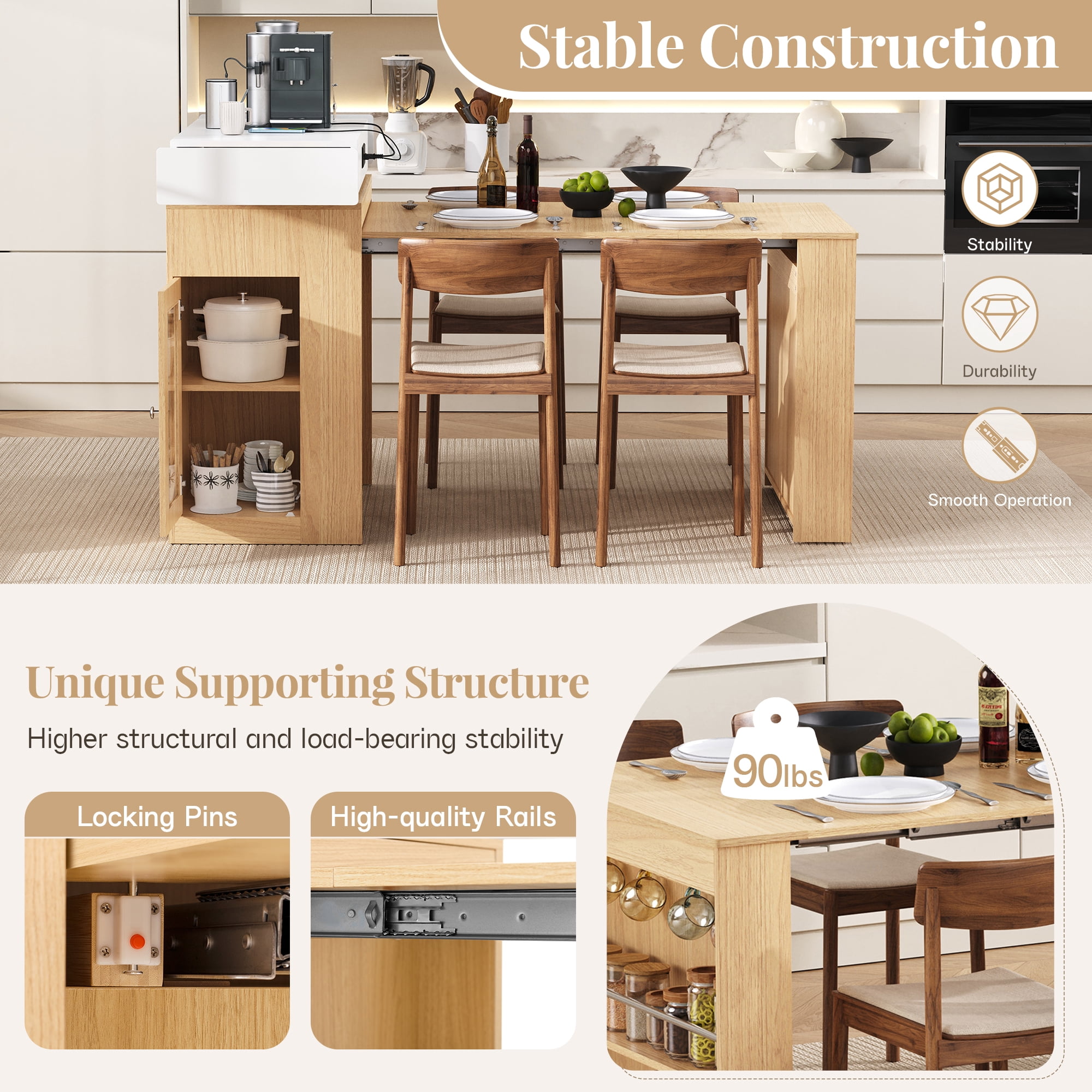 Noble HouseHORIZON Extendable Dining Table with Folding Tabletop, Bar Table with Drawers and Power Outlet(Natural+Creamy White)