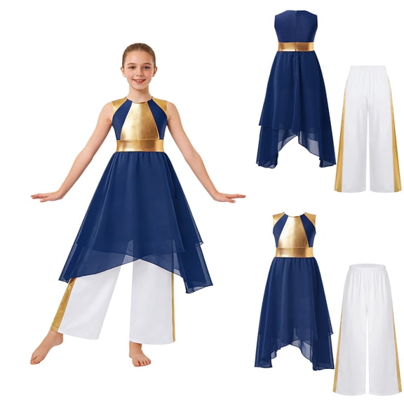 iiniim Girls Lyrical Praise Dance Tunic with Loose Pants 2 Piece Outfit Metallic Liturgical Worship Dress Navy Blue 8