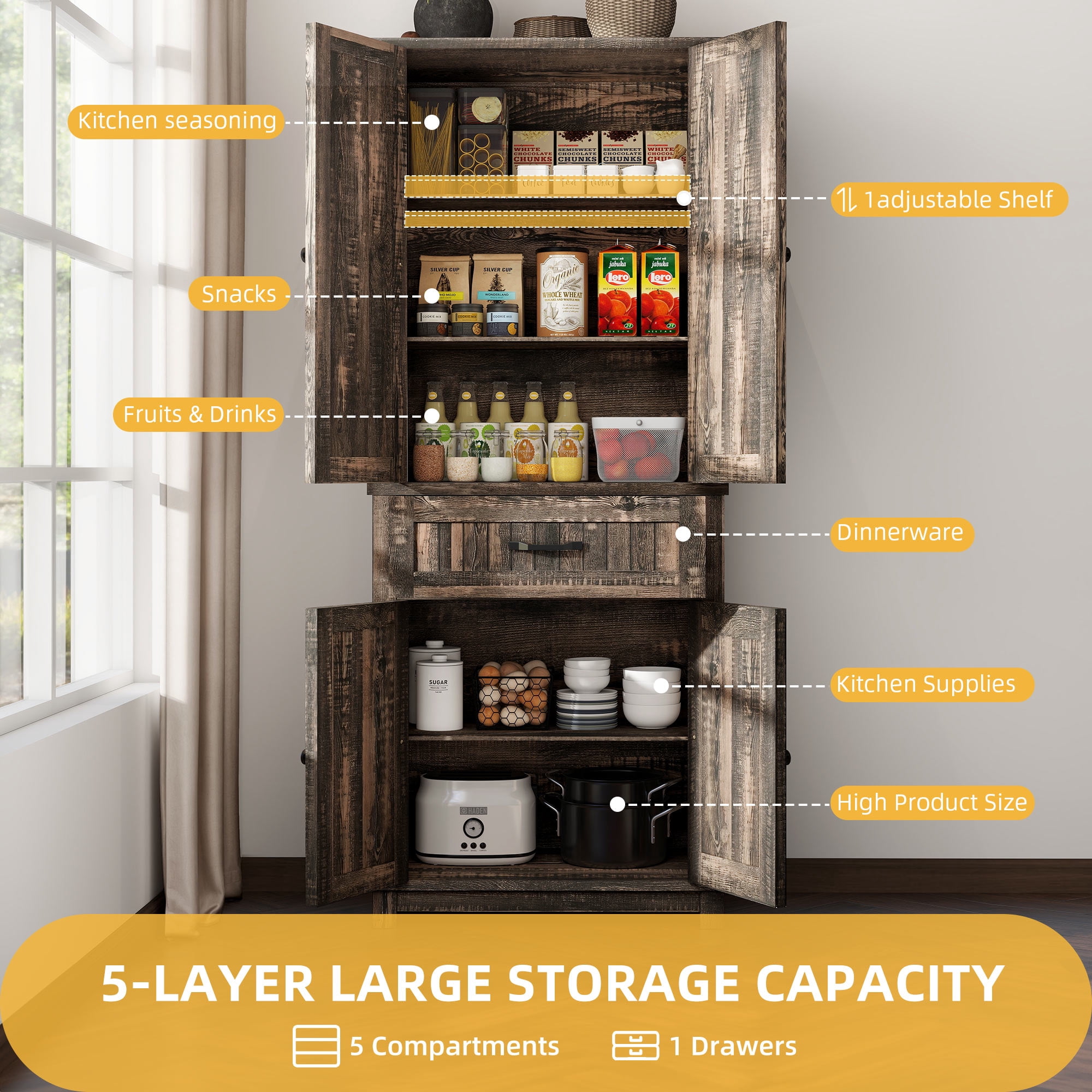 DWVO Pantry Cabinet with Shelves and Doors, Kitchen Storage Cabinet with Drawer, Dark Oak