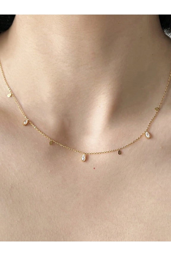 Yellow Gold-4 Delicate Station Chain Necklace With Clear Teardrop Zirconia Drops