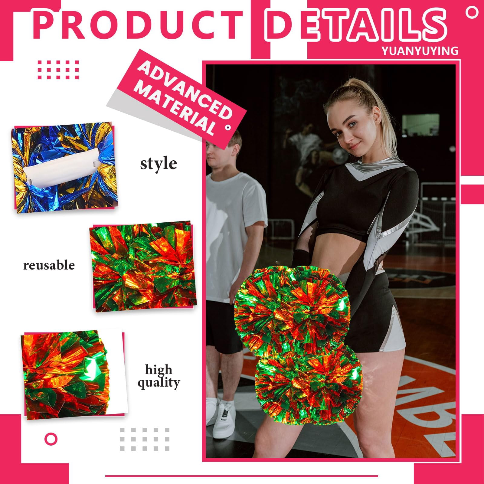 12 Pcs Cheerleading Pom Poms, Cheerleader Pompoms with Handle Style,Fit for Team Spirit Sports Dance Cheering