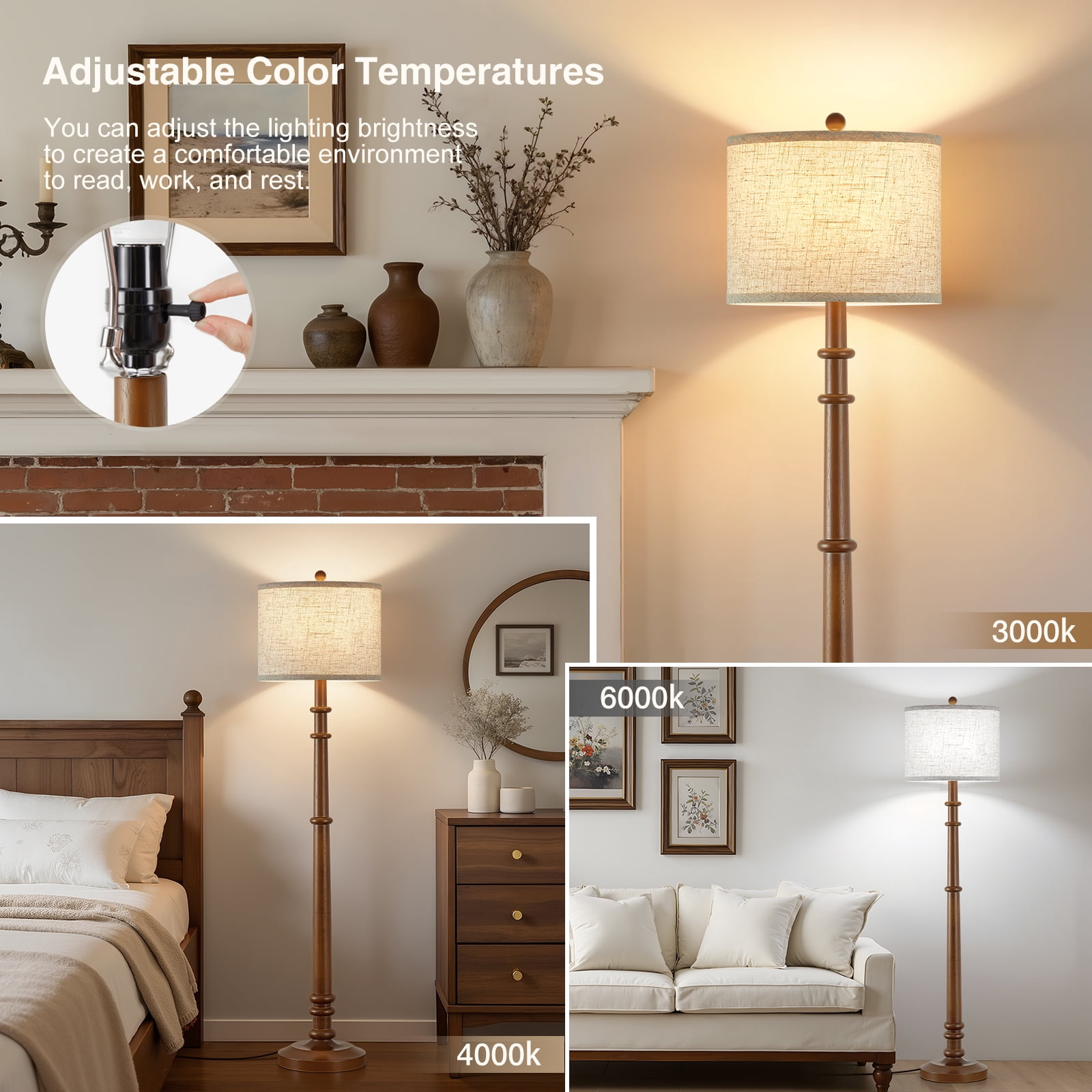 NATYSWAN Floor Lamps for Living Room - 60" Wood Farmhouse Floor Lamp with Adjustable Color Temperatures - Vintage Standing Lamp Reading Light with Linen Shade Rustic Tall Lamp for Bedroom