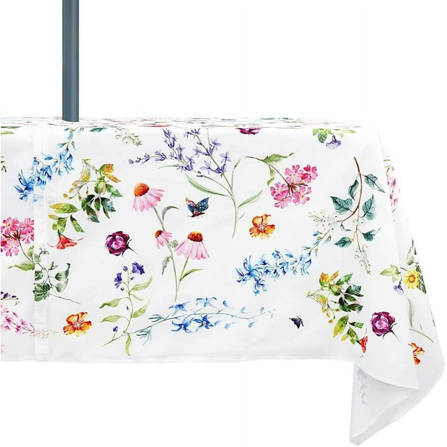 Outdoor Tablecloth with Umbrella Hole, Spring & Summer Outdoor Tablecloth, Fabric Spill Proof and Waterproof with Zipper Floral Tablecloth for Spring/Summer/Party/Picnic Rectangle 60 x 102 in