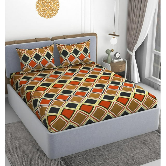Double Bedsheet With 2 Pillow Covers Size 72 X 72 X 10 Inches, Multicolor | Cotton Feel All Around Elastic Fitted - Queen Size Bedsheets, Super Soft